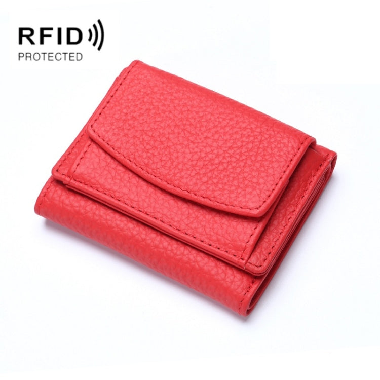 Leather RFID short coin purse wallet, red, snap-flap coin compartment