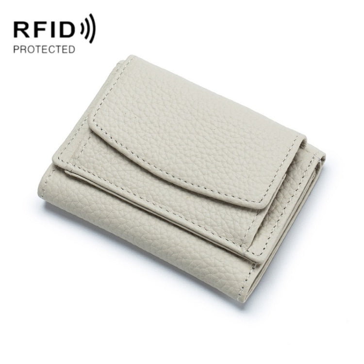 Leather RFID short coin purse wallet, rice white, snap-flap front