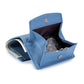 Leather RFID short coin purse wallet, blue, open front with coins inside