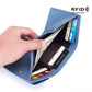 Leather RFID short coin purse wallet, blue, open with cards and cash compartments