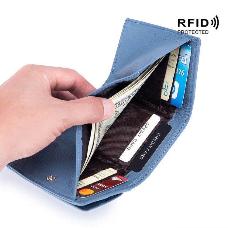 Leather RFID short coin purse wallet, blue, open with cards and cash compartments