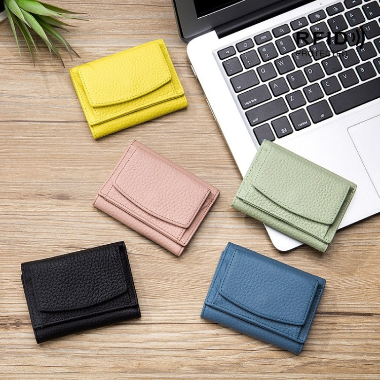 Leather RFID short coin purse wallet set in yellow, pink, mint, black, and blue