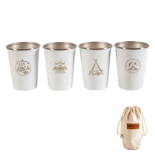 4-piece stainless steel camping cups set in white with printed logos and canvas storage bag