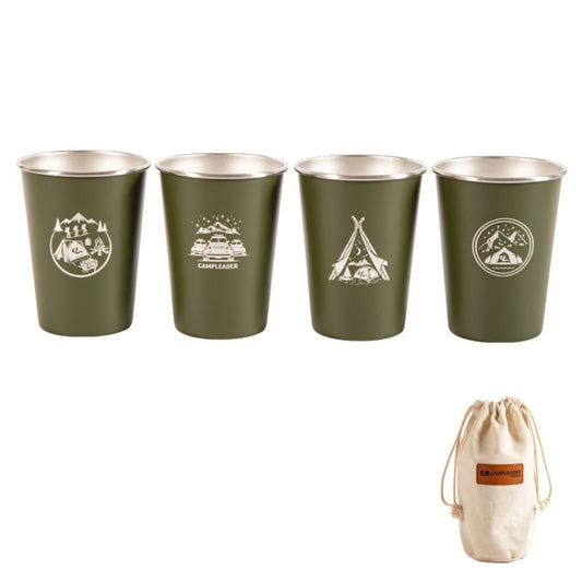 4-piece stainless steel camping cups set in army green with printed logos and canvas storage bag
