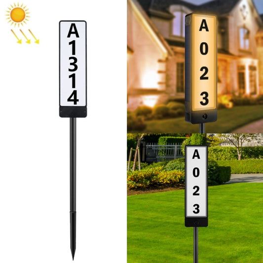 Solar house number ground light with rectangular LED panel, address digits, black stake