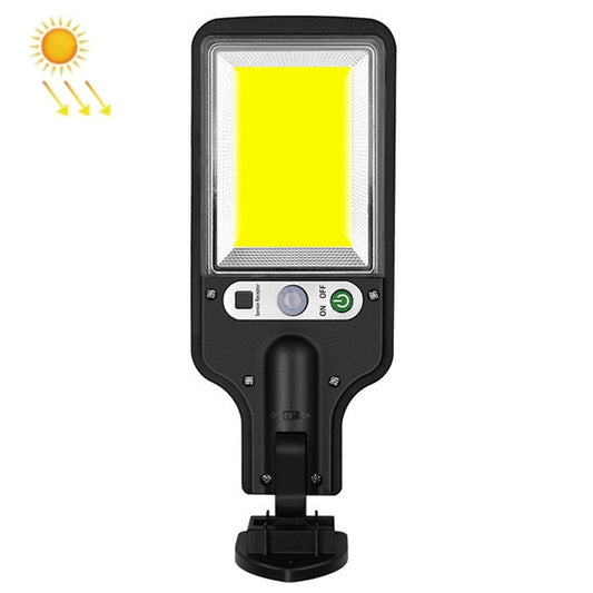 Solar street light with yellow LED glow panel, black housing and ground mount
