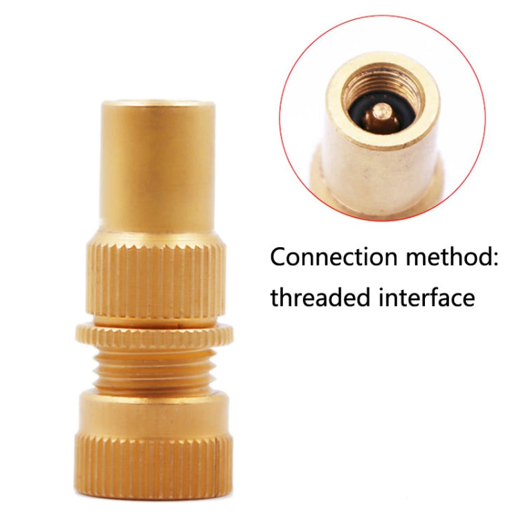 Automatic tire bleed valve fitting with threaded interface, brass tone and inner valve port