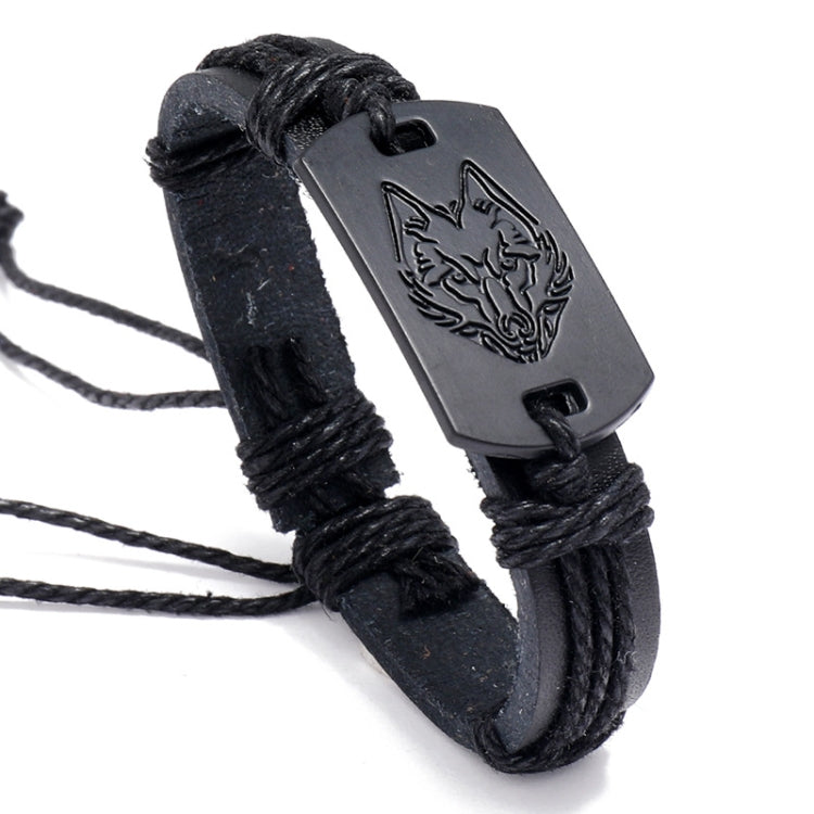 Black woven leather bracelet with wolf-head engraved metal clasp
