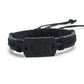 Black woven leather bracelet with rectangular wolf-head metal centerpiece