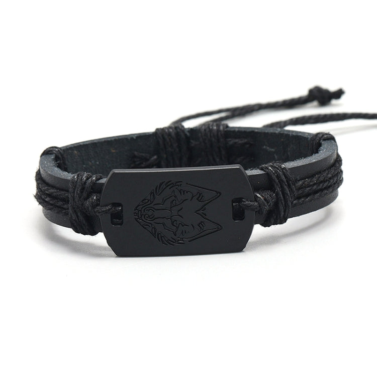 Black woven leather bracelet with rectangular wolf-head metal centerpiece