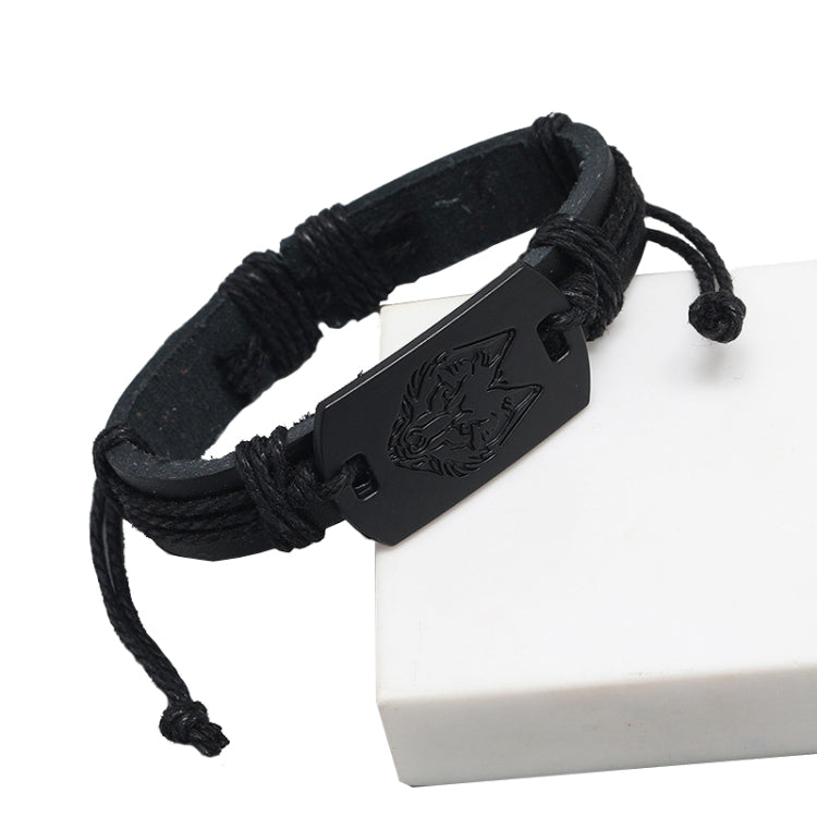 Black woven leather bracelet with rectangular wolf-head metal plate and cords