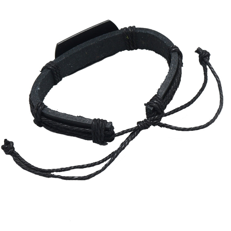 Black woven leather wrap bracelet with adjustable cord ties and metal plate