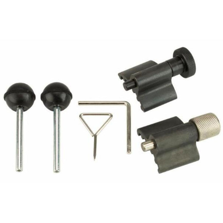 Camshaft timing tool set with black round heads, silver rods, and triangular alignment bar
