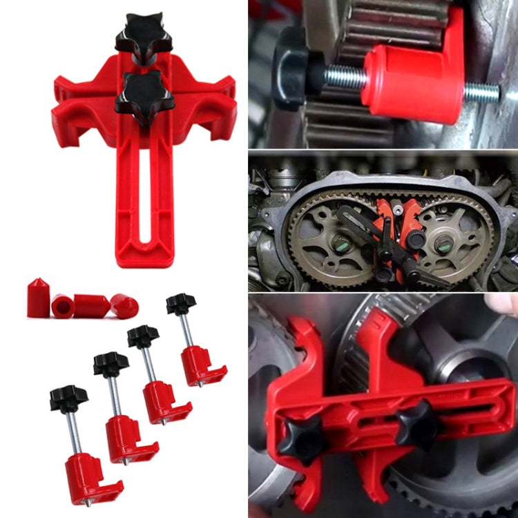 Red plastic engine cam locking tool with two black star knobs and long handle