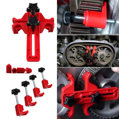 Red plastic engine cam locking tool with two black star knobs and long handle
