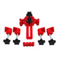 Red cam locking fixture set with multiple black star caps and threaded posts