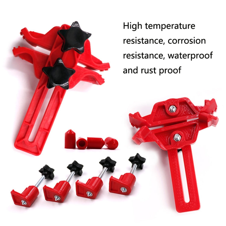 Red cam locking tool with black star knobs and included red pins and screws