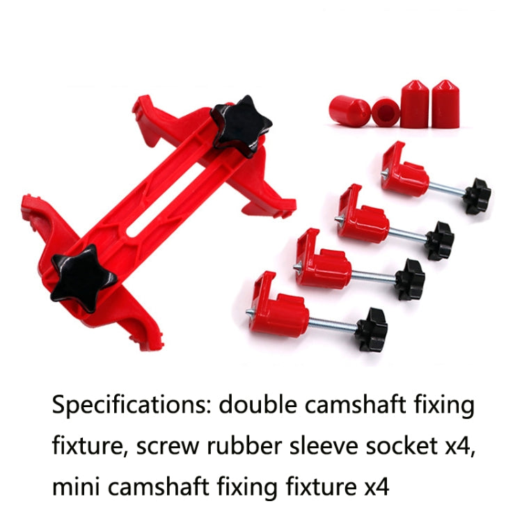 Two red camshaft fixing fixtures with threaded screws and black star caps