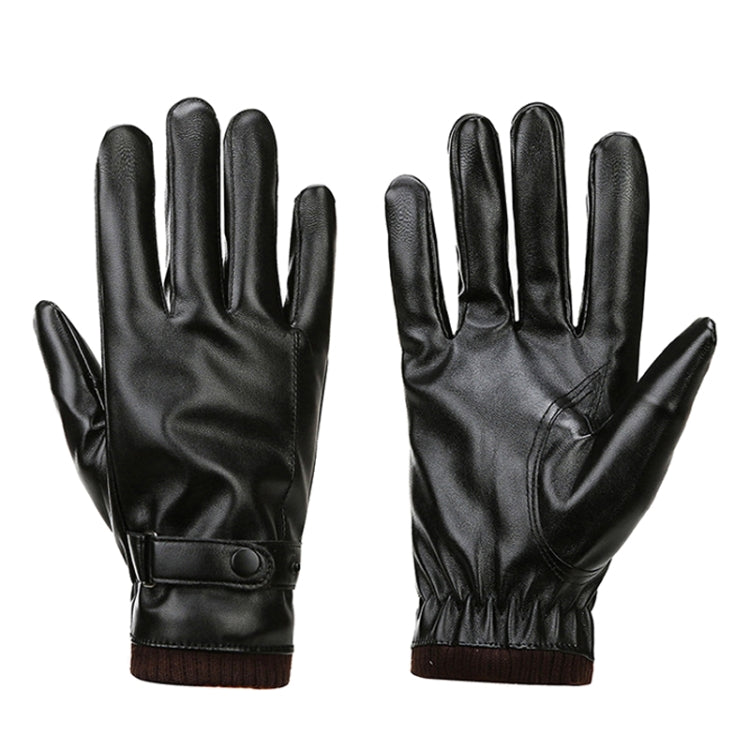Pair of black PU gloves with knit wrist cuff and stitched finger seams