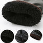 Plush lining fabric for black winter gloves; close-up and cuff detail