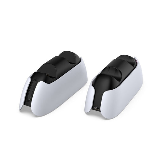 Two-slot gamepad charging base, black cradle on gray body with blue indicator light
