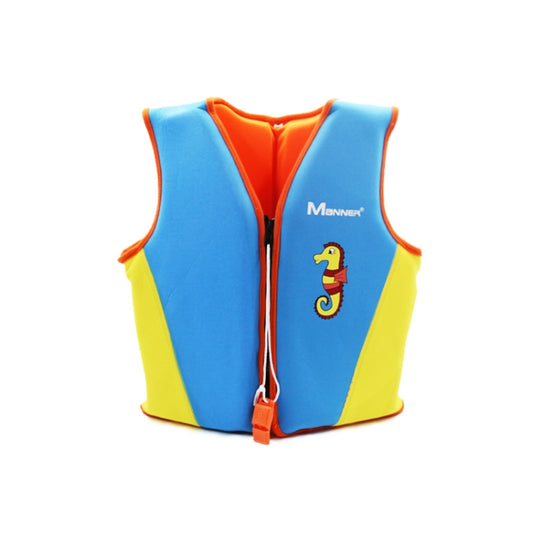 Children's life jacket foam buoyancy vest in blue, yellow, and orange with front zipper
