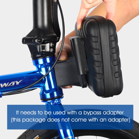 Black hard-shell bike head bag mounted on handlebars with zipper and curved profile