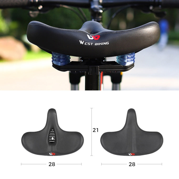 Bike shock suspension saddle shown mounted, plus two size views with measurements