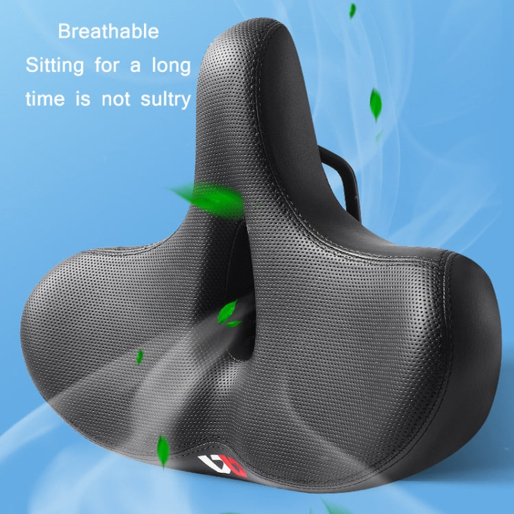 Breathable dark gray bicycle saddle with perforated texture and side handhold