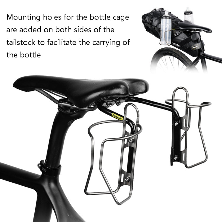 Black bicycle tail bag stabilizer with bottle-cage style holder for mounting