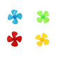 Set of small four-blade propellers in blue, green, red, and yellow