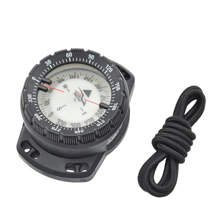 Black diving compass with black base and coiled elastic cord strap