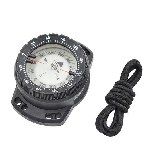 Black diving compass with black base and coiled elastic cord strap