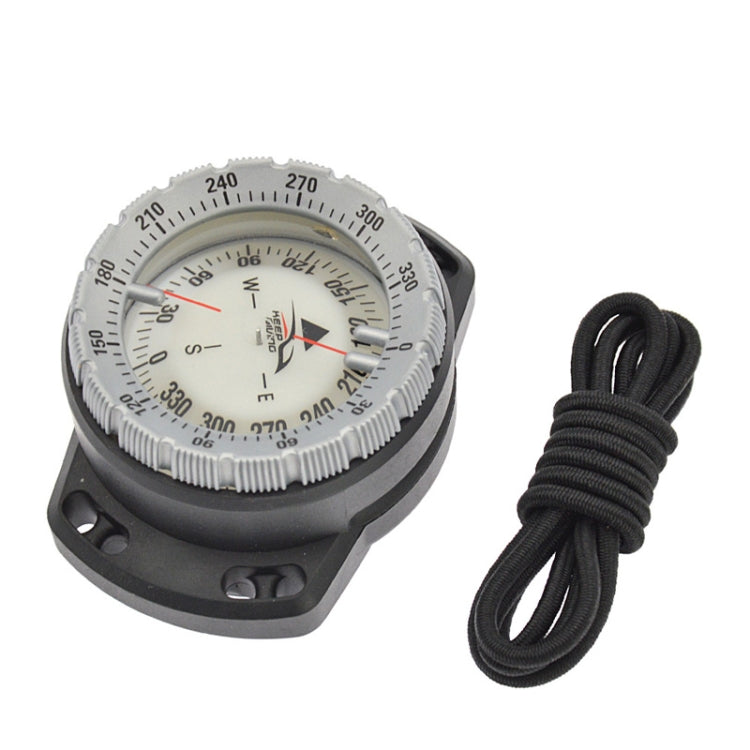 Grey diving compass with black base and coiled elastic cord strap