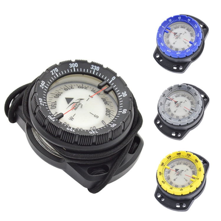 Diving compass set showing blue, gray, and yellow compass faces