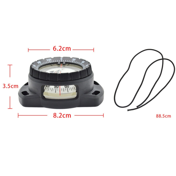 Diving compass with elastic cord, front view and scale window detail