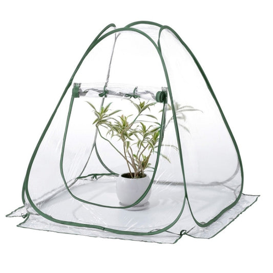 Foldable portable rain-shading greenhouse with green frame and white mesh cover