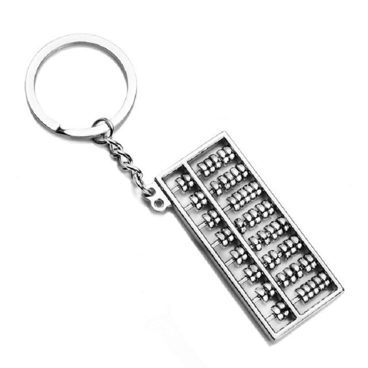 Silver abacus keychain pendant with linked chain and key ring, rectangular bead rack
