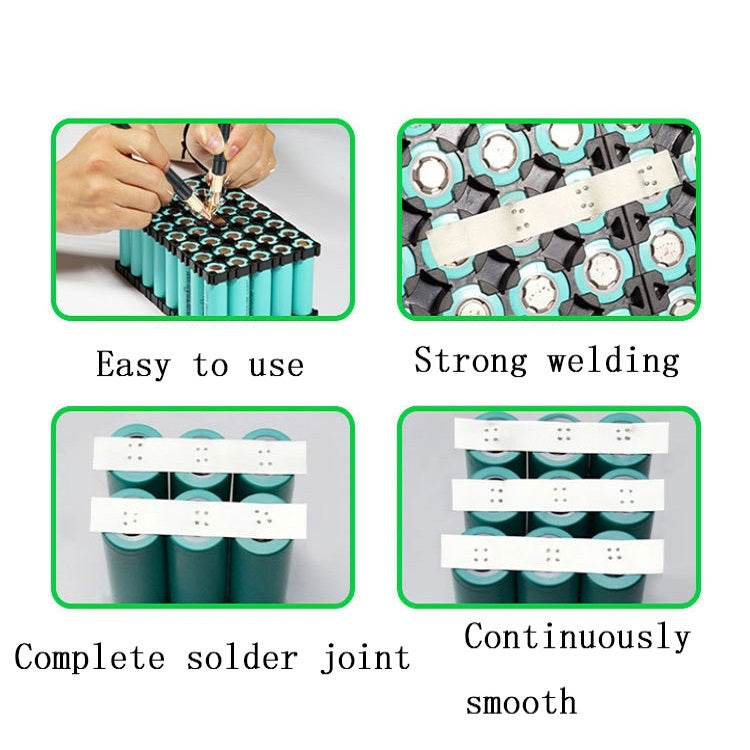 Battery spot welder showing use on cylindrical cells and complete solder joints