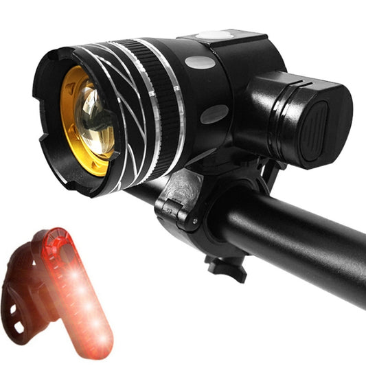 LED bicycle front light with red rear light, black handlebar mount