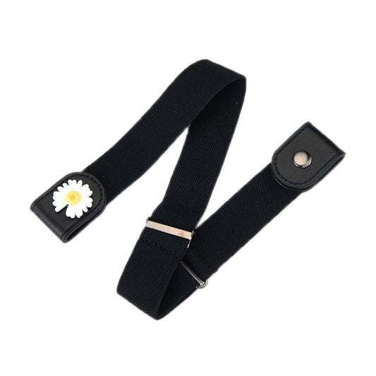 Non-marking elastic lazy belt in black canvas with daisy patch and metal clasp