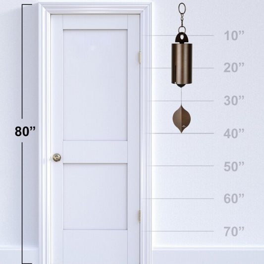 Bronze metal wind chime with leaf clapper, hanging by chain