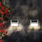 Two stainless steel solar LED stair wall lights with warm outdoor wall glow