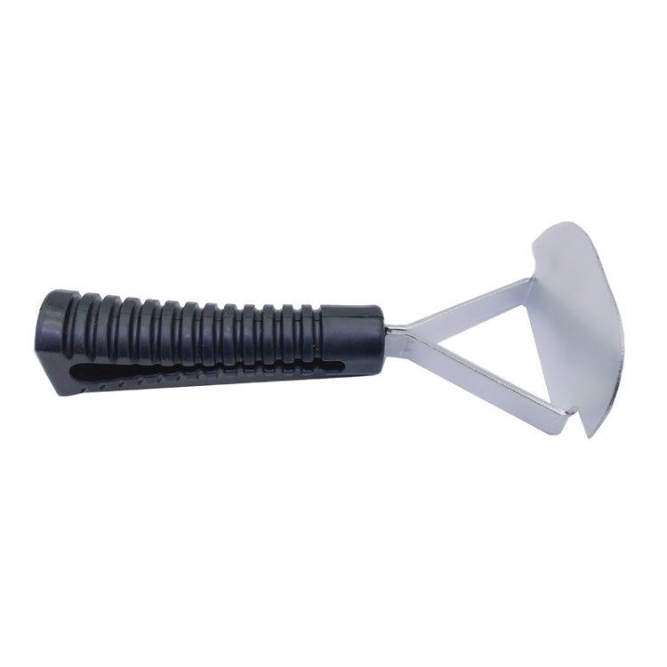 Tire scraper tool with triangular metal head and ribbed black rubber handle
