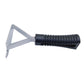 Tire scraper tool with triangular metal head and ribbed black handle, side angle view