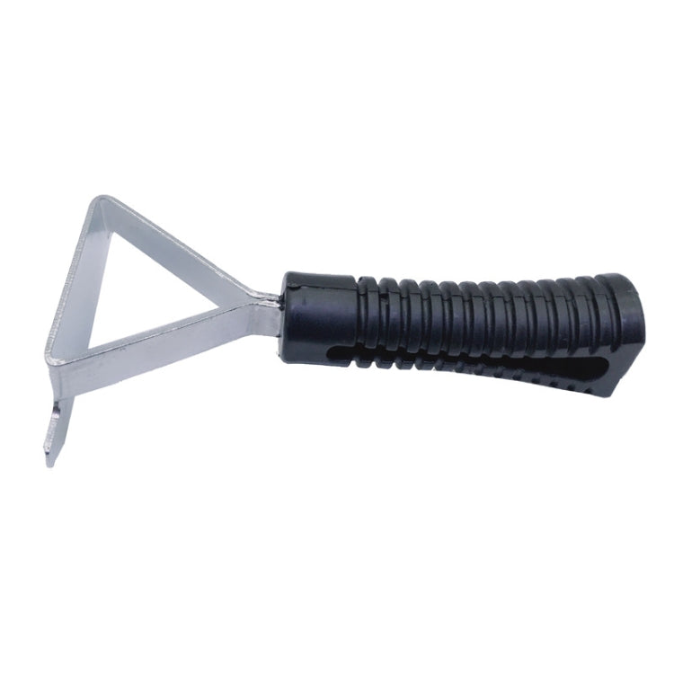 Tire scraper tool with triangular metal head and ribbed black handle, side angle view