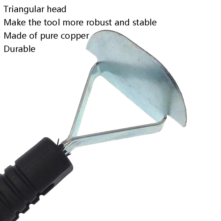 Triangular metal tire scraper head with copper finish and black ribbed handle