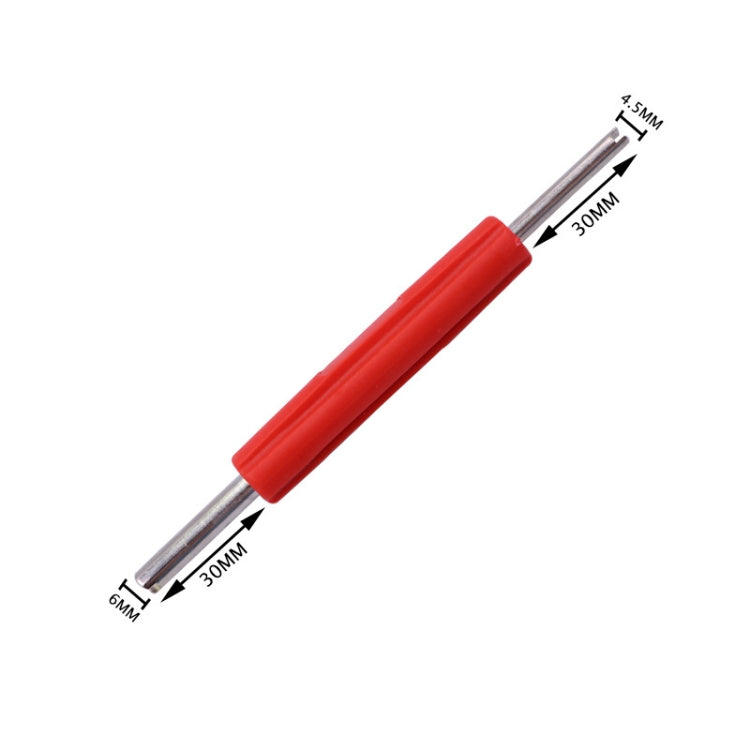 Red-handled valve core wrench key with labeled prong sizes: 6 mm, 30 mm, 4.5 mm