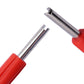 Close-up of red-handled valve core wrench key with chrome prong ends