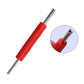 Valve core wrench key with red grip; inset shows tip on valve core